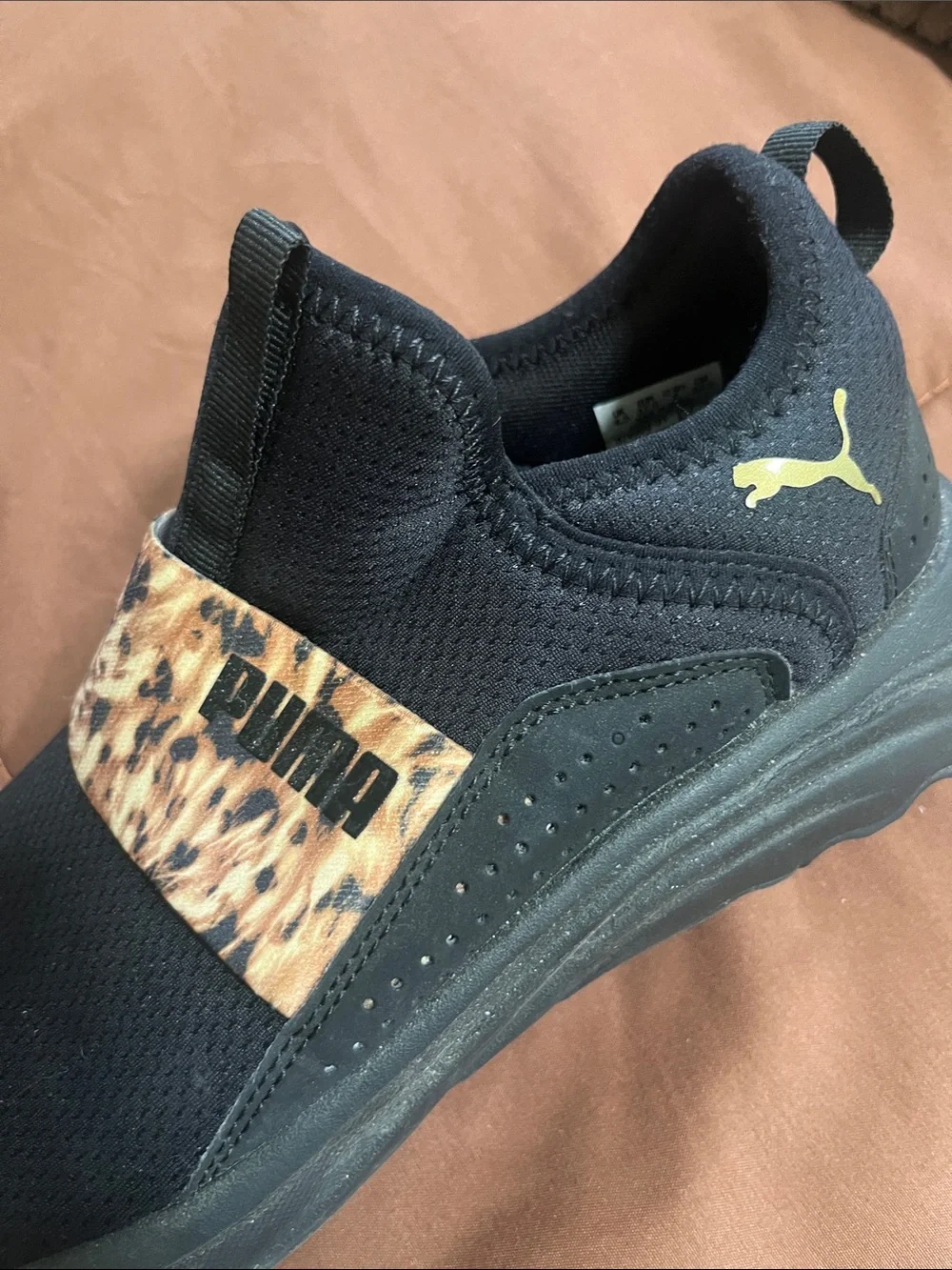 Puma Kids Black Slip-On Sneakers with Leopard Print Strap
